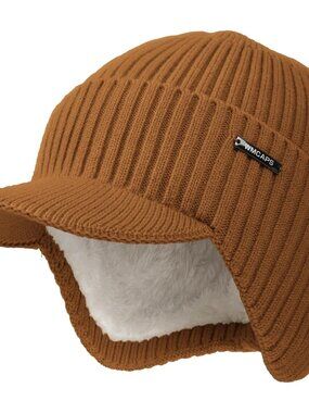 Unisex Orange Lined Knit Beanie With Brim Ear Flaps Winter Classic Stocking Cap